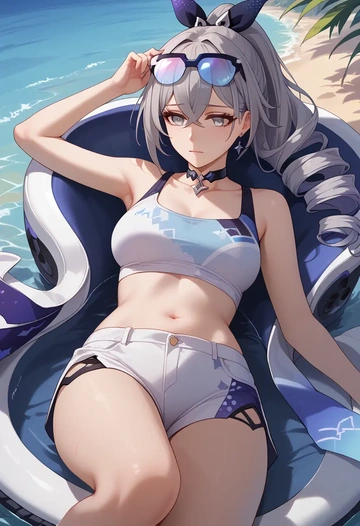 star rail,silver wolf,sleeveless swim top,shorts-style bottom,contrast stitching  - AI generated anime art